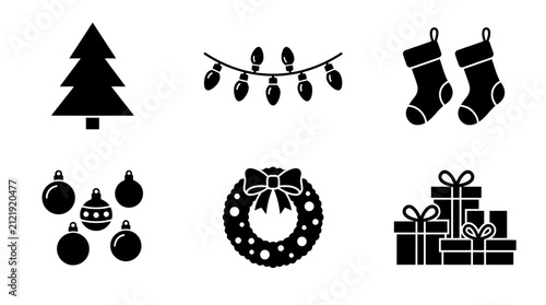 Black Christmas silhouette icons featuring light strings, stockings, and a wreath.