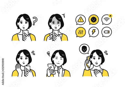 スマホを持つカーディガンを着た40代女性とネガティブな感情アイコンセット