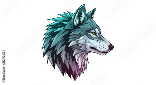 Stylized wolf head profile with turquoise mane and fierce expression