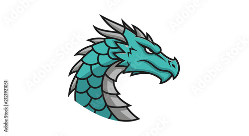 Teal dragon head fierce expression stylized illustration isolated