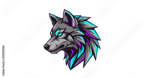 Stylized wolf head with vibrant glowing accents digital art illustration