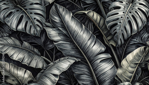 Monochrome Dark Charcoal Tropical Leaf Pattern