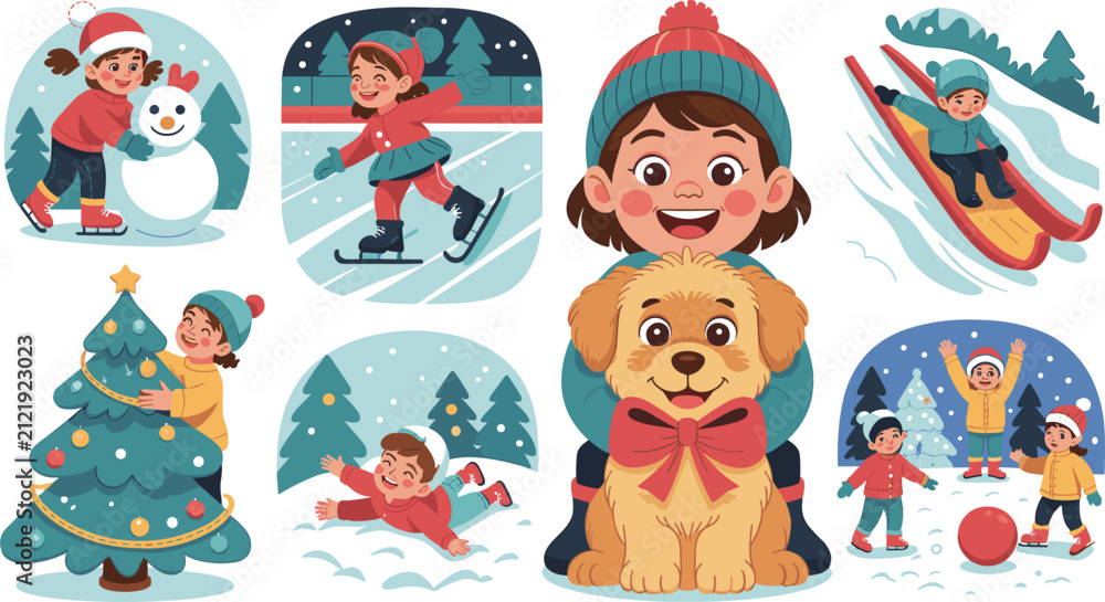 Naklejka premium Cute Children Winter Activity Vector Illustration Set with Kids Playing in Snow Ice Skating Sledding and Decorating Christmas Tree