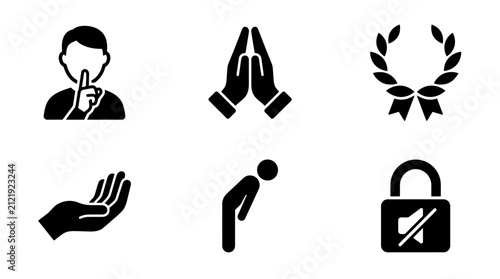Black silhouette icons representing etiquette respect silence and cultural gestures.