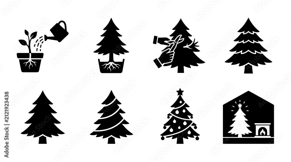 Obraz premium Black silhouettes of christmas tree cultivation and indoor holiday scenes.