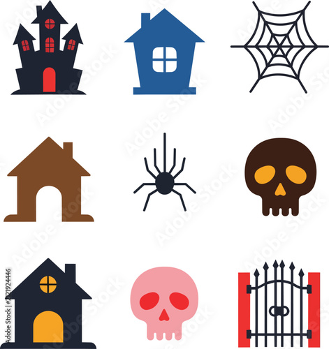 Halloween Haunted House Skull Spider and Creepy Gate Flat Vector Icons