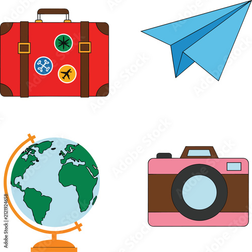 Adventure travel elements including luggage camera globe and plane