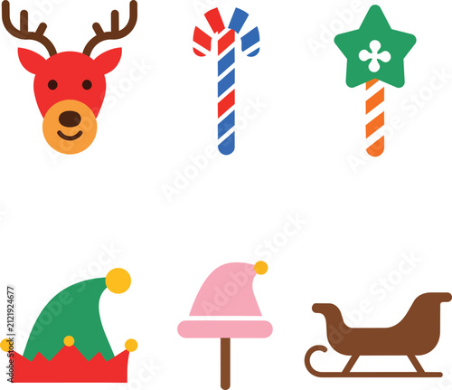Christmas Holiday Flat Icon Set Featuring Reindeer Sleigh and Candy