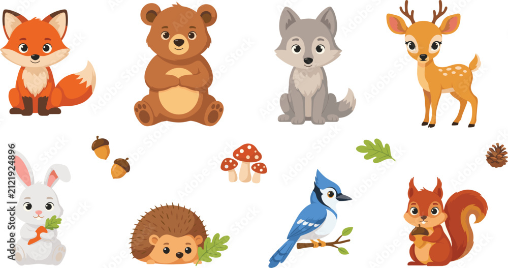 Obraz premium Cute Forest Animals Vector Illustration Set with Fox Bear Wolf Deer Rabbit Hedgehog Blue Jay and Squirrel for Kids Designs