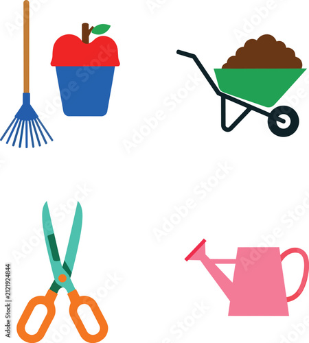 Set of Flat Gardening Tool Icons with Rake Watering Can and Shears