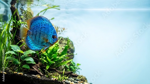Blue discus fish swimming in a lush planted freshwater aquarium