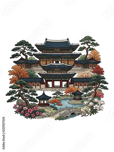 Traditional korean palace architecture with garden pond and bridge