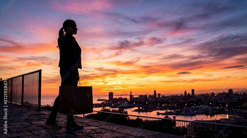 Fototapeta premium Woman with shopping bag silhouetted against vibrant sunset over city harbor