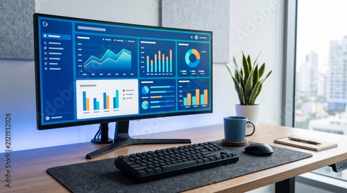 Modern office desk with computer display showing analytics