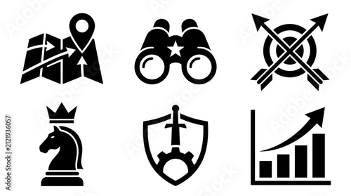 Black icons for strategic planning, exploration, and security.