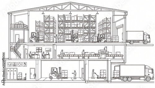 Warehouse cross section line art vector illustration showing logistics, forklift, workers, factory conveyor belt, and cargo delivery trucks.