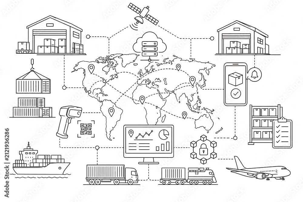 Obraz premium Global logistics and supply chain management line art illustration vector with world map, shipping transport, warehouse, cloud data, and tracking.