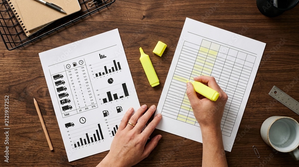 Obraz premium Telematics idle time report a highlighter and a fuel budget sheet on a desk