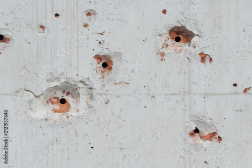 Bullet Holes and Shrapnel Damage on Concrete Wall Texture Background