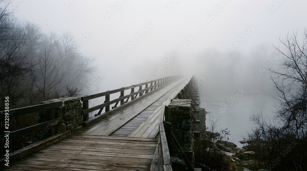 Fototapeta premium Foggy morning scene with wooden bridge extending into dense mist over river.