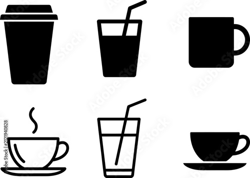 A collection of black and white drink icons featuring coffee cups and glasses presented as a clean minimalist vector illustration