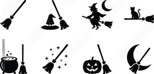 A collection of black silhouette icons featuring various halloween elements like witch brooms pumpkins cats and cauldrons in vector format