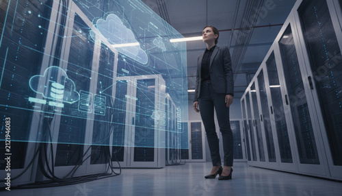 Woman in data center with cloud computing interface