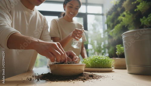 Couple planting seeds in soil for indoor gardening