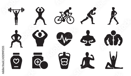 Принти на полотні Athletic human poses and fitness wellness icons set with bodybuilding poses and cardio activities silhouettes