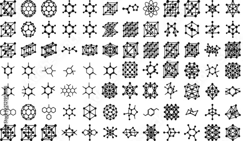 Set of molecular structures, chemical bonds, crystal lattices, and atomic network vector icons