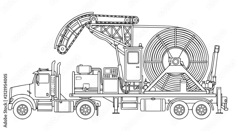 Obraz premium Coiled Tubing Truck Oilfield Service Vehicle Line Art Illustration
