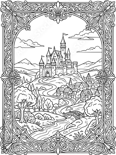 Fairytale Castle and Village Coloring Page with Ornate Border