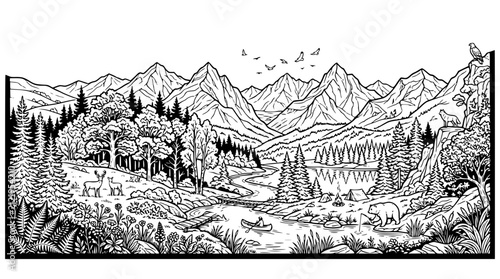 Panoramic wilderness mountain landscape with wildlife and camping line art illustration
