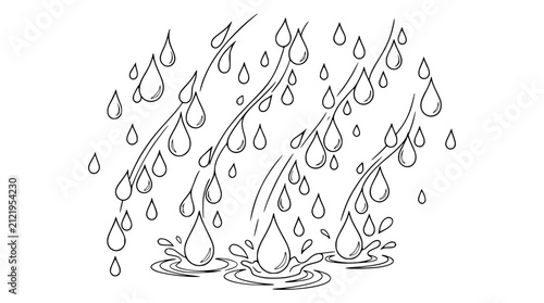 Rain drops falling with splashes and ripples coloring page illustration