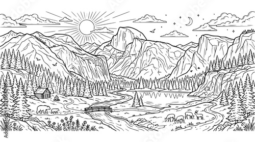 Scenic Yosemite Landscape Coloring Page with Mountains Cabin and Forest Wildlife