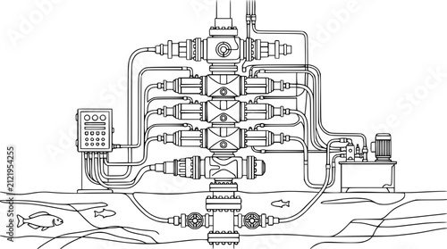 Subsea blowout preventer stack for offshore oil drilling line art illustration