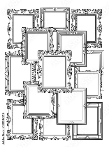 Set of Overlapping Vintage and Geometric Empty Picture Frames Line Art