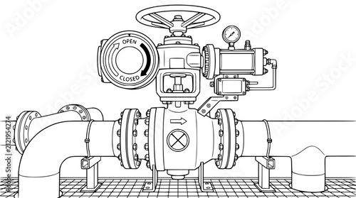 Technical Line Drawing of Industrial Valve Actuator and Pressure Gauge on Pipeline