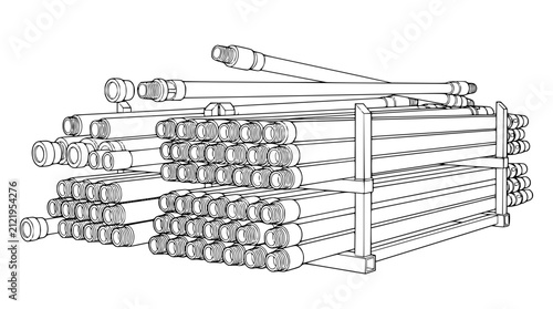 Technical line drawing of stacked industrial drill rods in a metal rack
