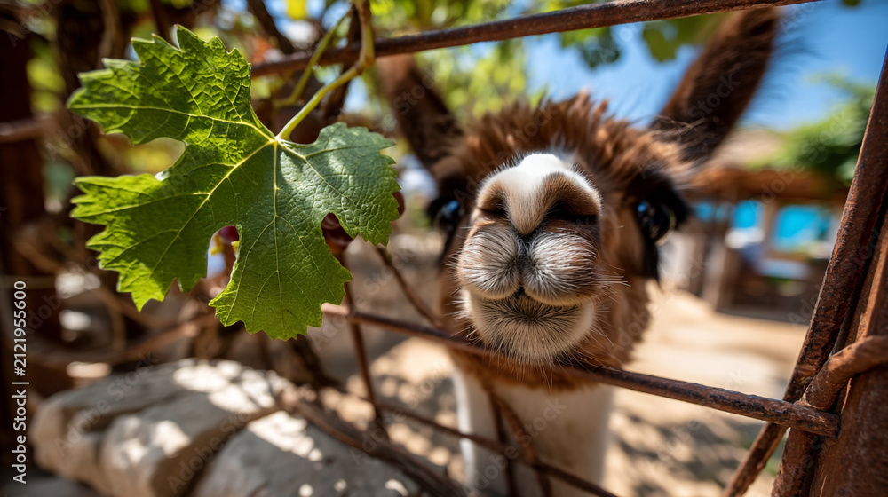 Fototapeta premium Curious fluffy alpaca looking through a metal wire fence in a farm enclosure