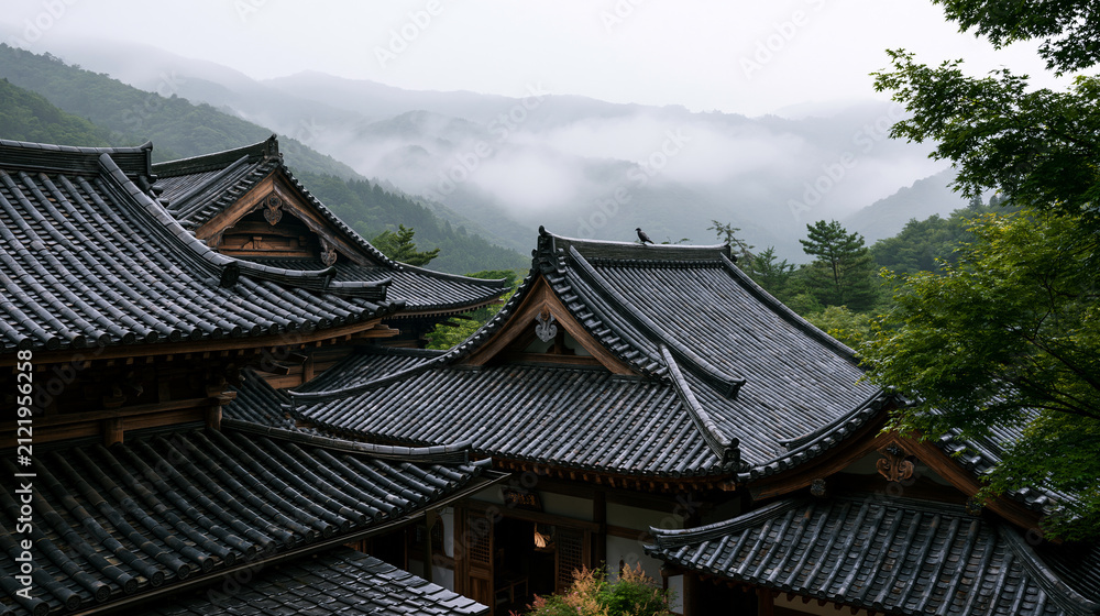 Fototapeta premium Serene View of Traditional East Asian Temple Rooftops Surrounded by Green Trees and Misty Mountain Slopes