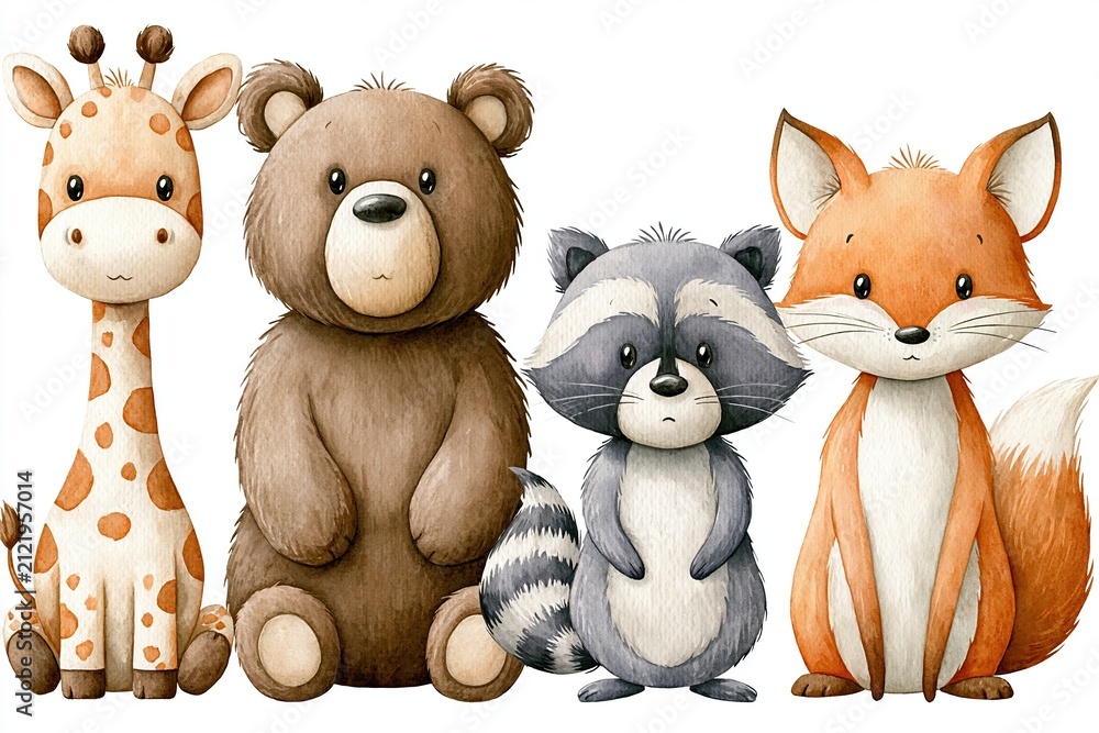 Fototapeta premium Adorable Watercolor Forest Animals Collection Featuring Giraffe, Bear, Raccoon, and Fox for Children's Designs