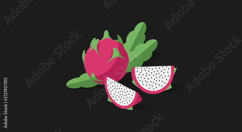 Quadro su tela Whole and sliced dragon fruit on dark background