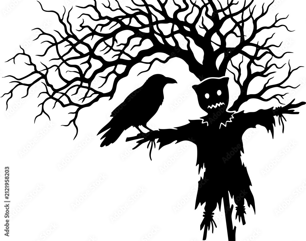 Naklejka premium Spooky Halloween silhouette with scarecrow raven and gnarled tree