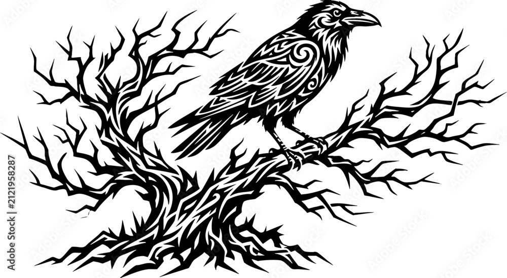 Naklejka premium Stylized tribal raven perched on a gnarled dead tree branch