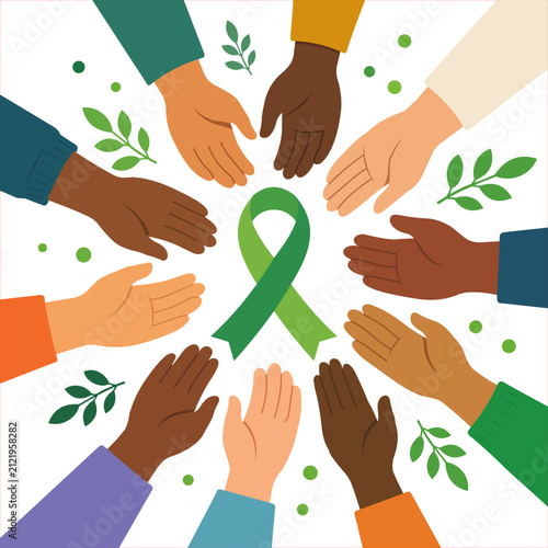 Diverse hands reaching out to support a green awareness ribbon on a transparent background