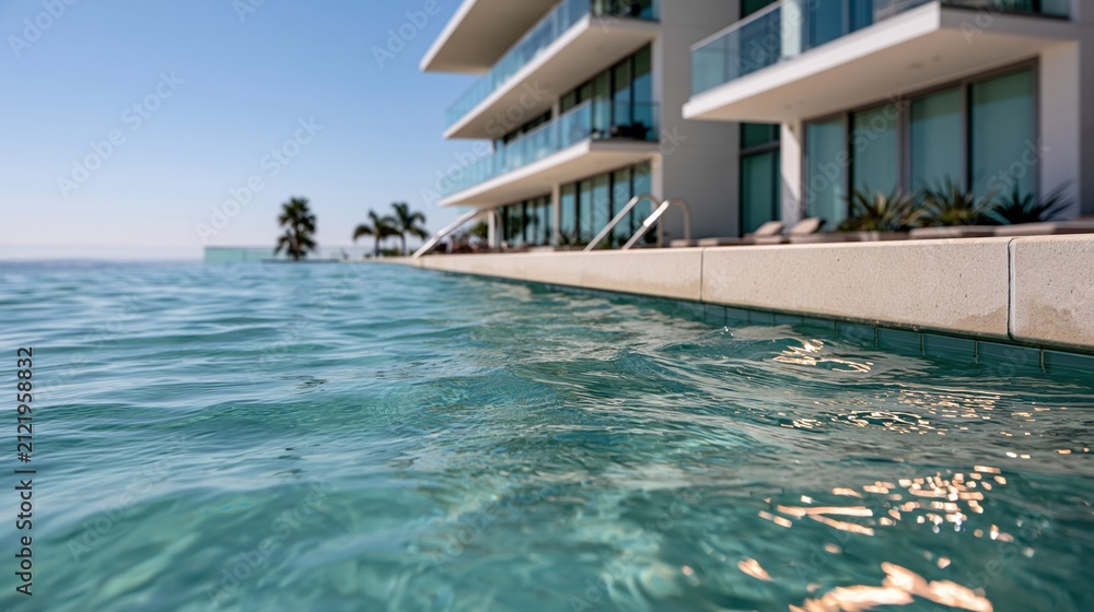 Obraz premium Luxury waterfront condominium with infinity pool and ocean view, modern architecture, and sunny sky