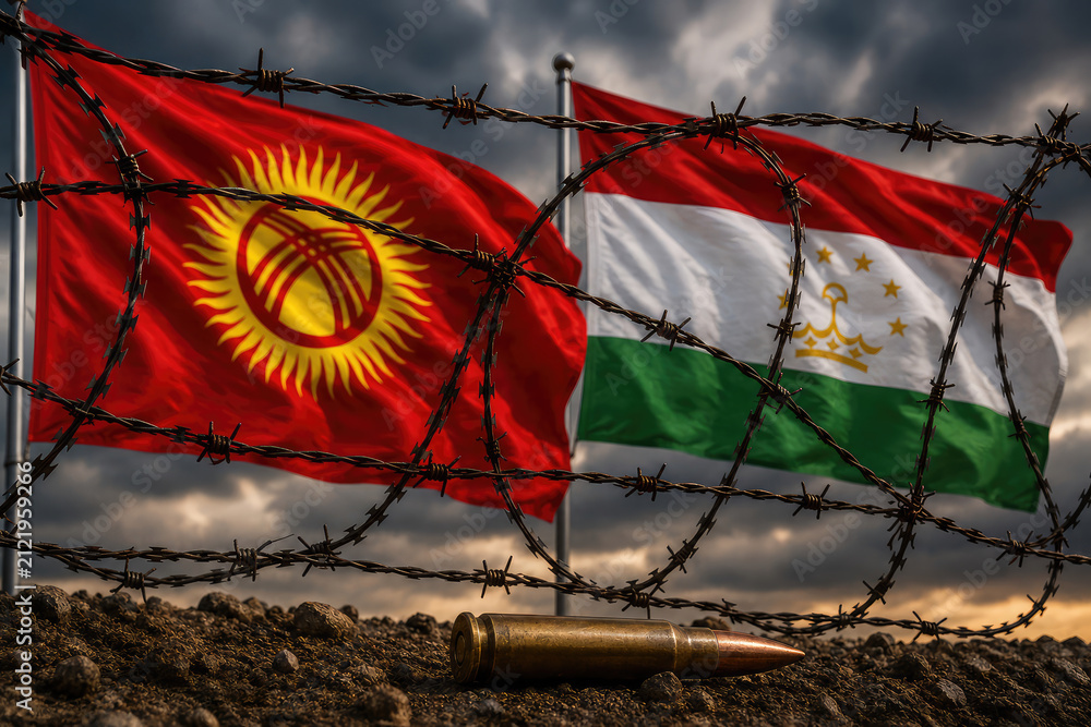 Obraz premium Kyrgyzstan and Tajikistan Flags Behind Barbed Wire and Bullet