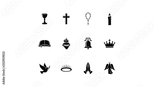 Фотография Minimalist black and white religious symbols icon set with fourteen distinct rel