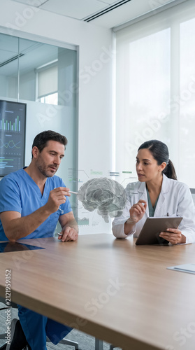 Two doctors analyzing digital brain hologram at clinic table